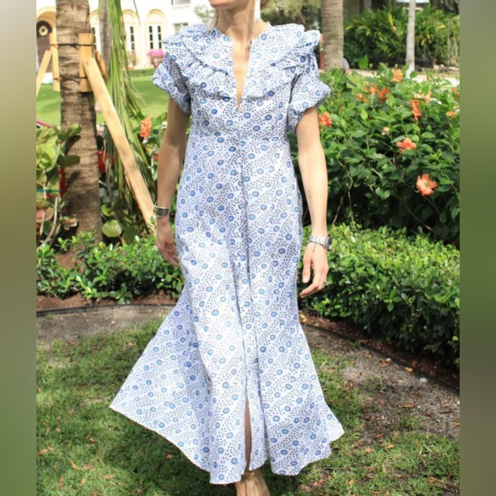 Blue Floral Maxi Dress with Ruffle Collar